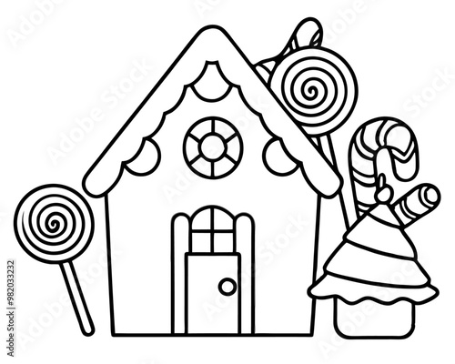 Christmas gingerbread house sweets lollipops outline coloring book page line art drawing