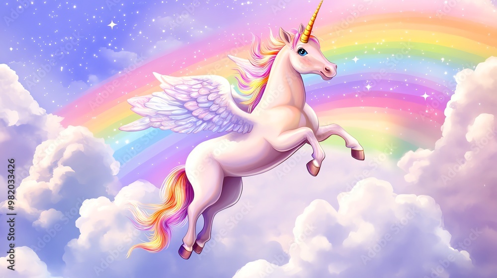 Fototapeta premium A white unicorn with rainbow colored mane and tail flies through the sky.