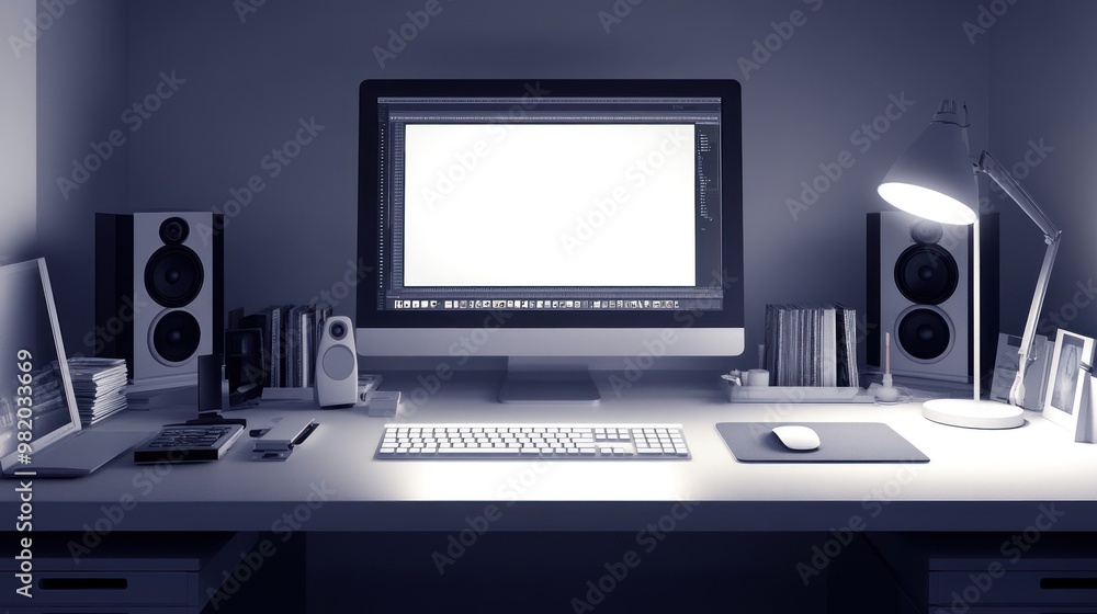 Fototapeta premium A modern desk setup featuring a computer, speakers, and organized accessories.