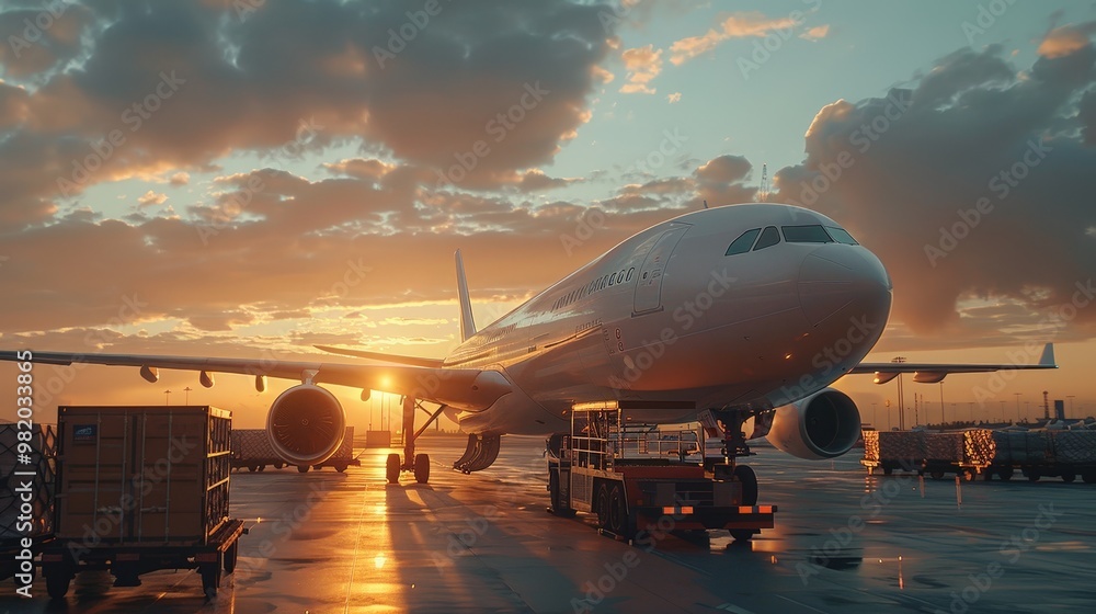 A majestic cargo plane basking in the warm glow of sunset, loaded with freight containers, ready for its next adventure. A majestic cargo plane basking in the warm glow of sunset, loaded with freight containers, ready for its next adventure.