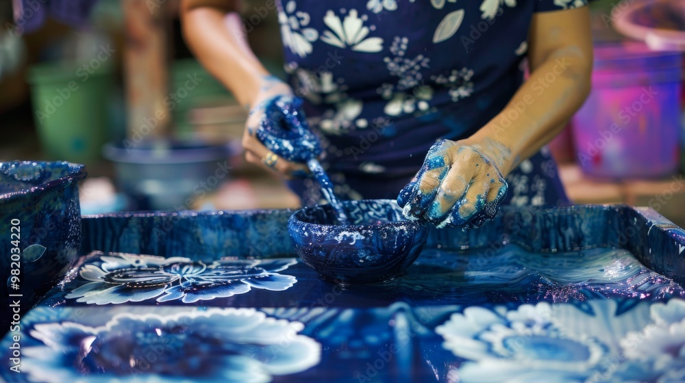Obraz premium Close-up of a Thai textile artist applying indigo dye to create patterns