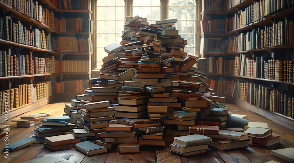 Pile of books, organized, indoor library. Generative AI. Pile of books, organized, indoor library. Generative AI.