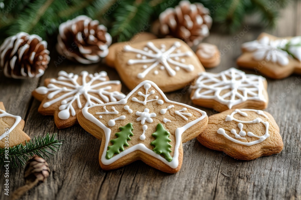 Christmas cookies decorated with icing on a rustic wooden table Christmas cookies decorated with icing on a rustic wooden table