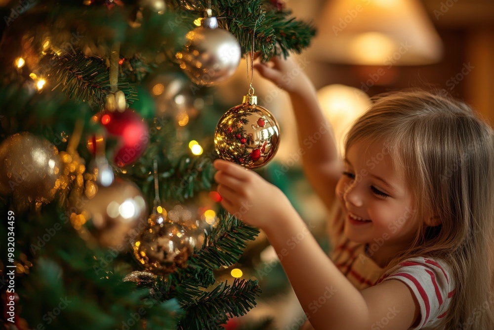 Smiling little girl decorating the Christmas tree with golden ornaments Smiling little girl decorating the Christmas tree with golden ornaments