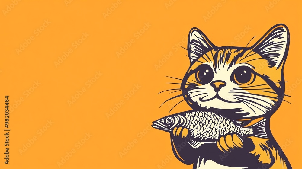 A cute cartoon cat holding a fish on an orange background. A cute cartoon cat holding a fish on an orange background.