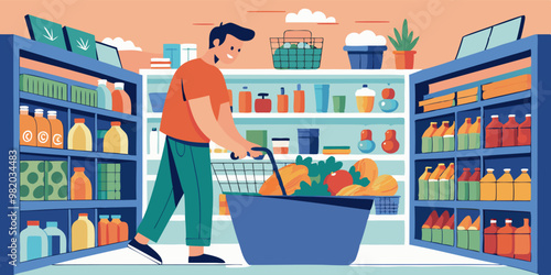 Man shopping for groceries in colorful supermarket aisle with fresh produce and bottled goods