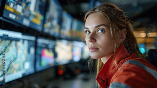 Wallpaper Mural Logistics Manager Monitoring Deliveries with Precision in a High-Tech Control Room Setting Surrounded by Multiple Screens Torontodigital.ca