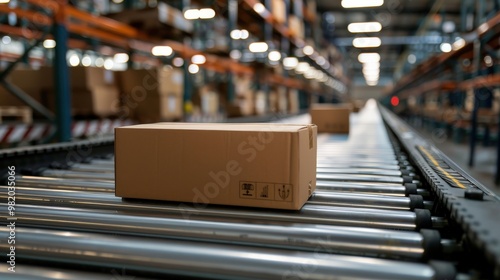 Efficient Conveyor Belt System Streamlining Package Movement in a Modern Fulfillment Center Amidst Soft, Ambient Lighting