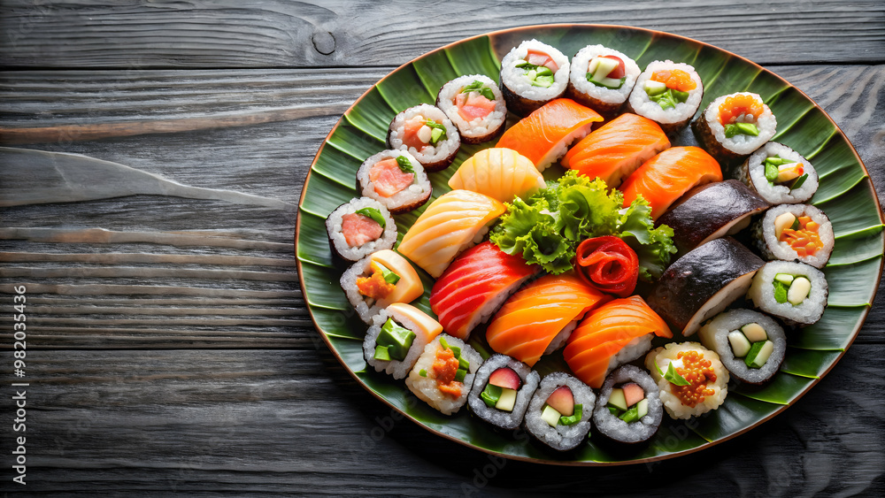 Plate of beautifully arranged sushi, ready to be served, sushi, Japanese, cuisine, food, culture, fresh, raw, seafood, rice Plate of beautifully arranged sushi, ready to be served, sushi, Japanese, cuisine, food, culture, fresh, raw, seafood, rice