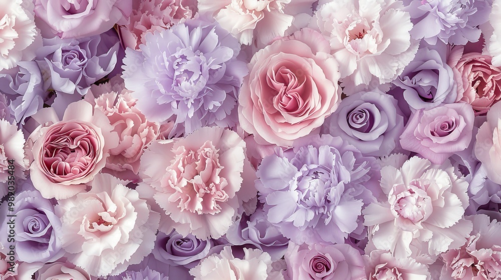 Beautiful Floral Arrangement. Lilac, Pink, White Roses and Carnations Wall Background. Beautiful Floral Arrangement. Lilac, Pink, White Roses and Carnations Wall Background.