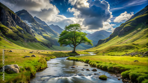 Tranquil mountain valley with a flowing stream and a solitary tree, serene, peaceful, nature, landscape, tranquil, scenic, valley