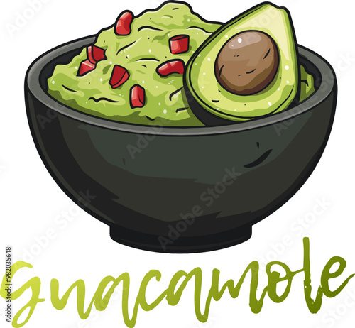 Cartoon Guacamole in a Bowl Vector Icon Isolated on White Background. Vibrant illustration of a delicious guacamole dip in a black ceramic bowl. The bright green guacamole