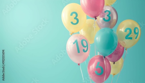 Pastelcolored balloons with numbers floating against a blue background photo