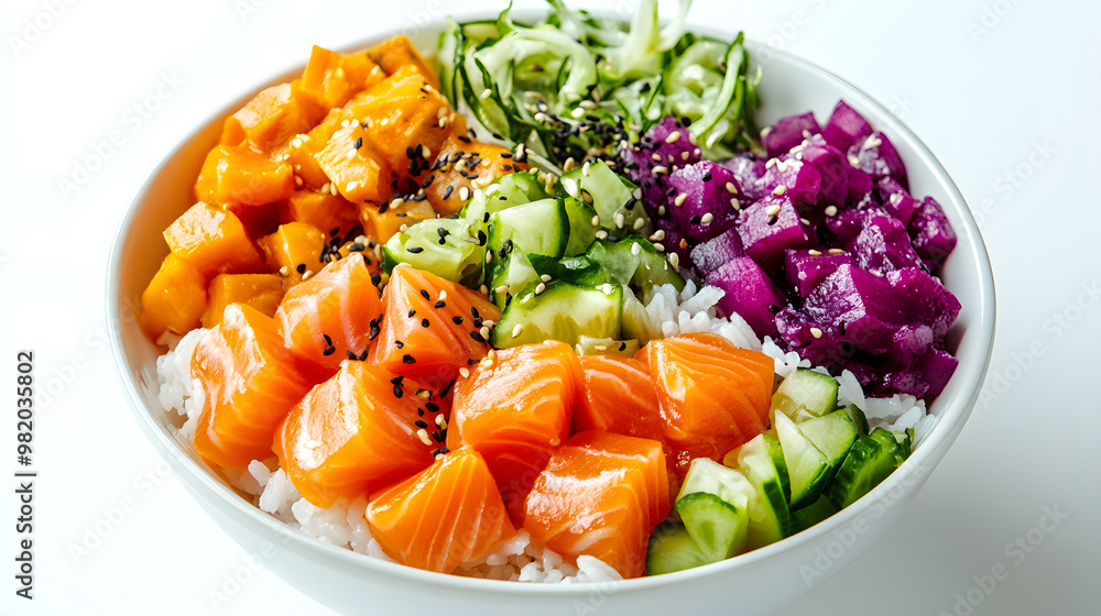 A vibrant poke bowl with diced salmon, colorful vegetables, and rice A vibrant poke bowl with diced salmon, colorful vegetables, and rice