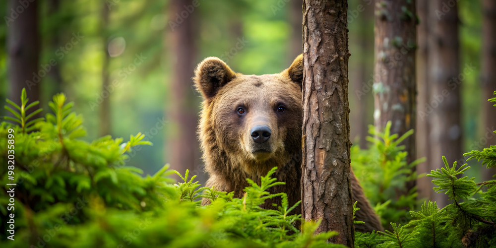 Brown bear peeking out from behind trees in the forest, brown bear, wildlife, nature, forest, hidden, curious, mammal Brown bear peeking out from behind trees in the forest, brown bear, wildlife, nature, forest, hidden, curious, mammal