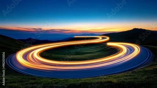 Winding Mountain Road at Sunset with Dynamic Light Trails