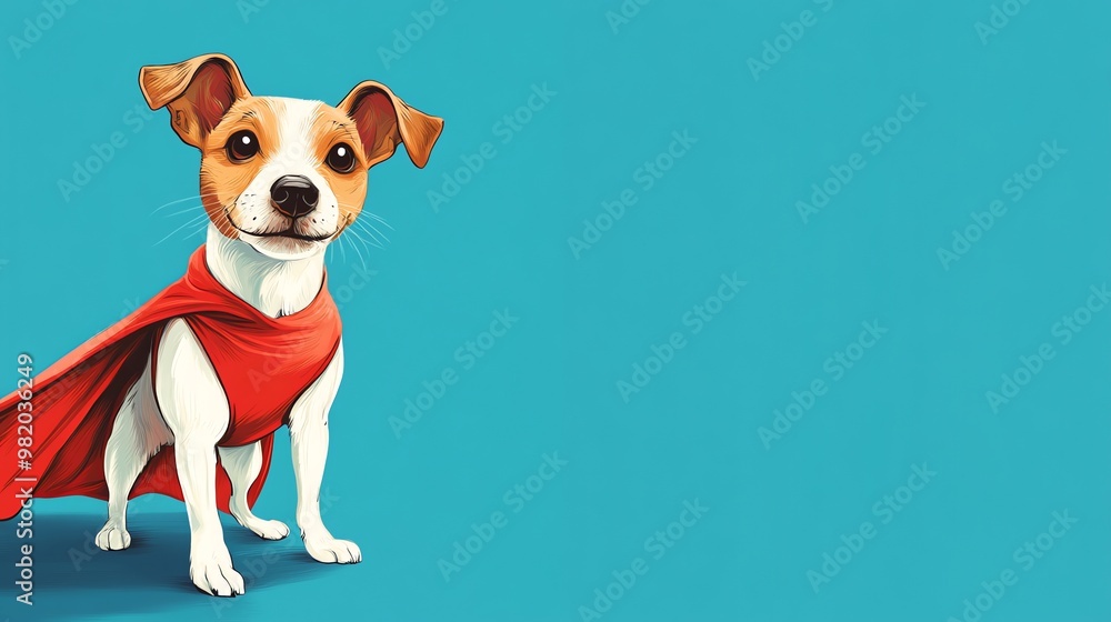 Smiling dog in a red cape looking to the right, with a blue background. Smiling dog in a red cape looking to the right, with a blue background.