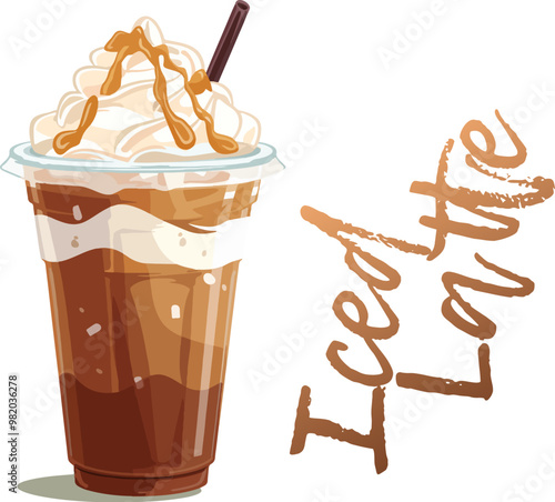 Cartoon Iced Latte with Whipped Cream Vector Icon Isolated on White Background. Refreshing illustration of a delicious coffee mix topped with whipped cream. The cold beverage is served in a glass