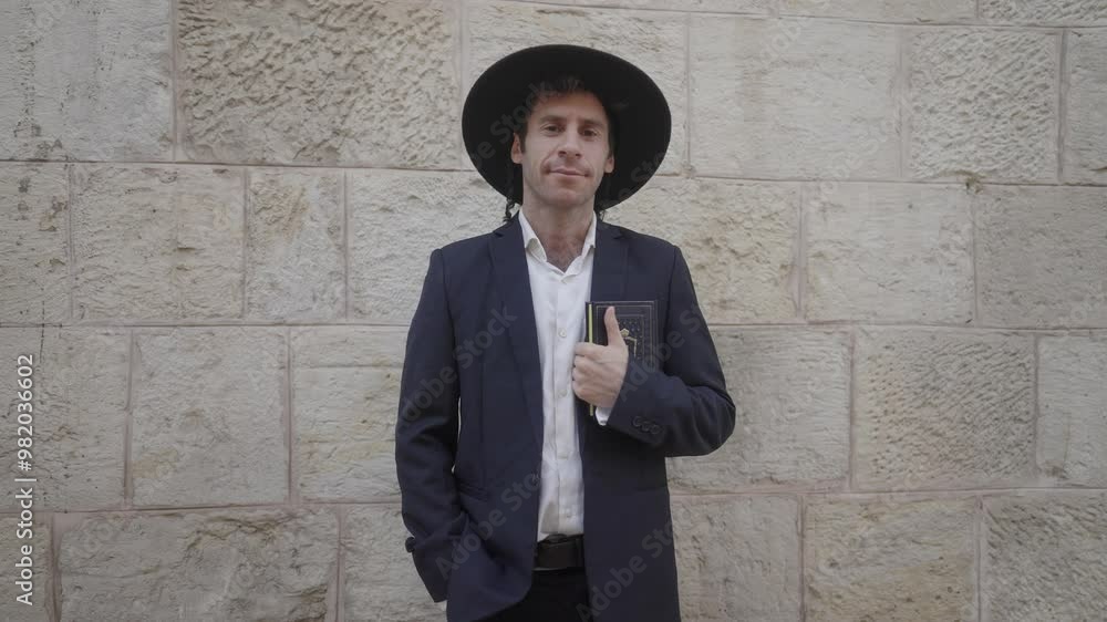 Orthodox Jewish male standing in front of stone wall Orthodox Jewish male standing in front of stone wall