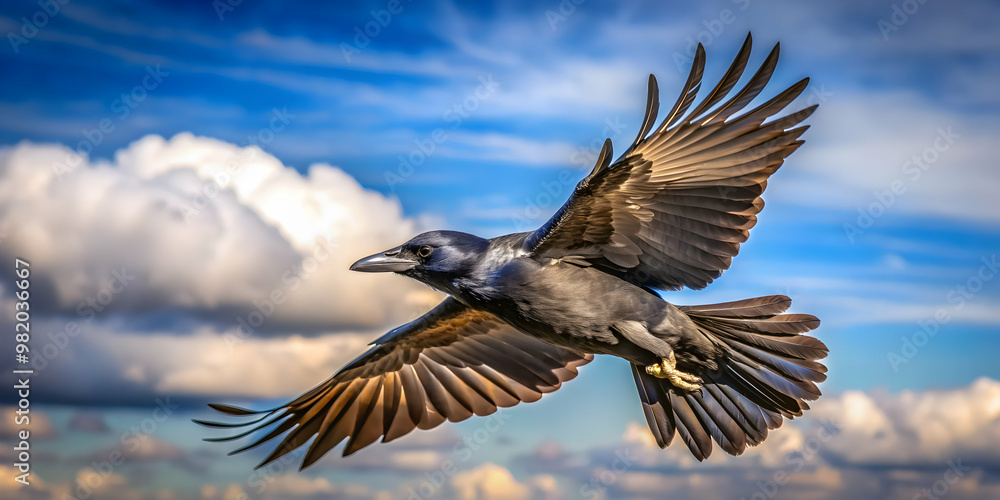 Fototapeta premium Crow gracefully soaring through the sky , bird, animal, wings, wildlife, black, feathers, flying, graceful, movement