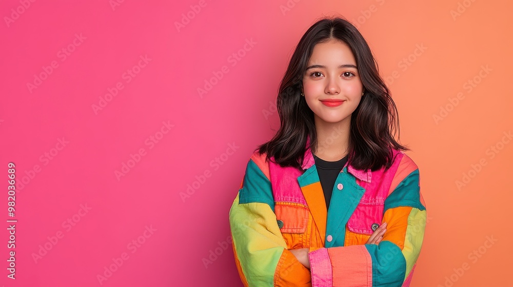 Empowered woman in vibrant jacket, minimalist setting, bold expression Empowered woman in vibrant jacket, minimalist setting, bold expression