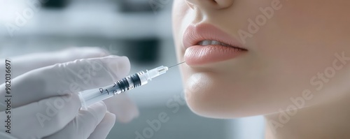 Close-Up of Cosmetic Lip Injection Procedure. Cosmetology Concept photo