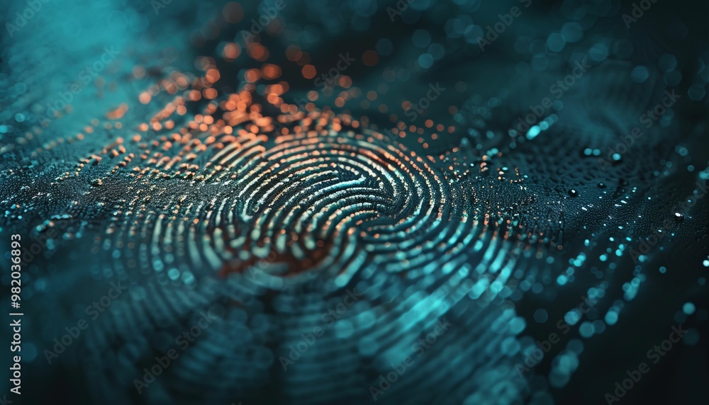 Glowing fingerprint pattern on dark blue textured surface with blurred lights Glowing fingerprint pattern on dark blue textured surface with blurred lights