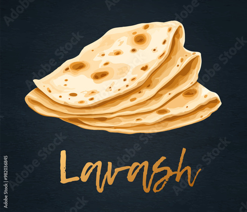 Cartoon Pita Bread Stack Vector Icon Isolated on Black Chalkboard. Colorful illustration of a stack of fluffy pita bread. Round, leavened flatbreads are depicted in a warm golden brown color