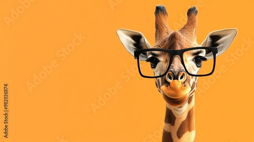 A giraffe wearing glasses looking directly at the camera with an inquisitive expression.