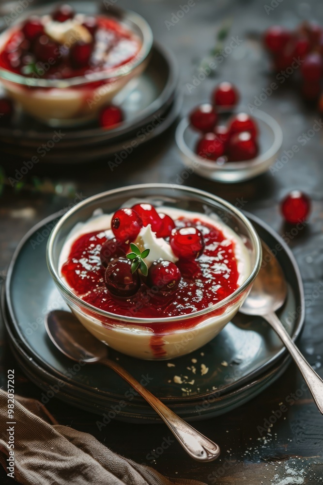 Creamy dessert with red berry sauce in glass bowl Creamy dessert with red berry sauce in glass bowl