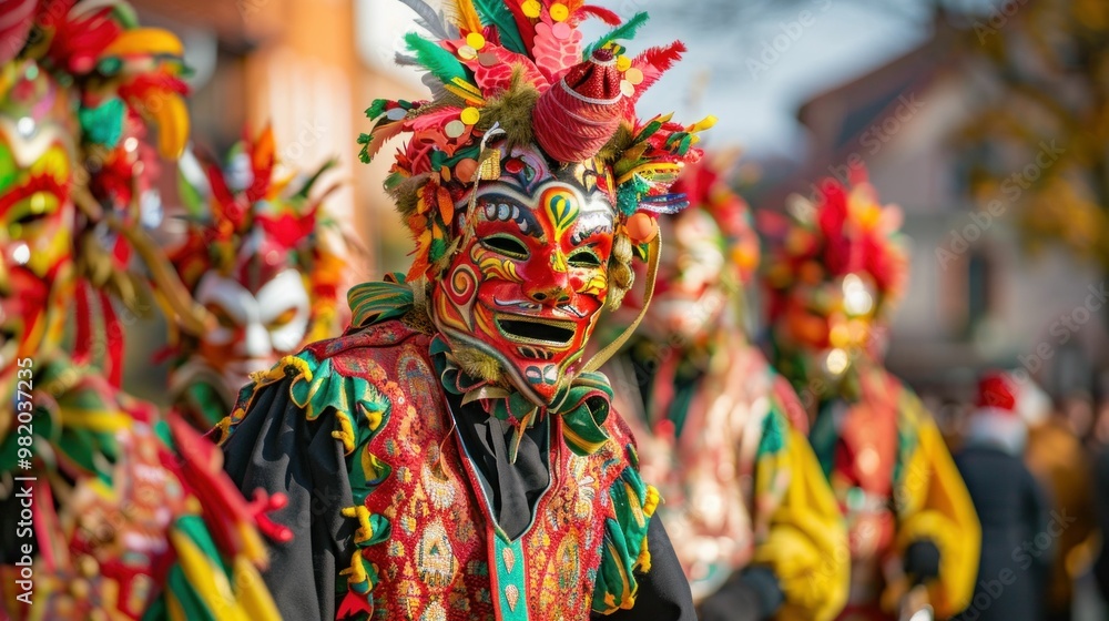 Carnival masks, vibrant colors, festive atmosphere, traditional costumes, cultural celebration Colorful characters are adorned with intricate masks and flamboyant outfits, dancing joyfully Carnival masks, vibrant colors, festive atmosphere, traditional costumes, cultural celebration Colorful characters are adorned with intricate masks and flamboyant outfits, dancing joyfully