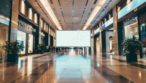 Modern shopping mall interior with blank billboard and people walking