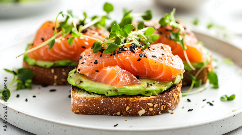 Salmon layered on avocado toast, garnished with microgreens Salmon layered on avocado toast, garnished with microgreens