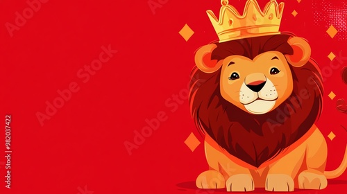 Cute cartoon lion wearing a golden crown on a red background. photo