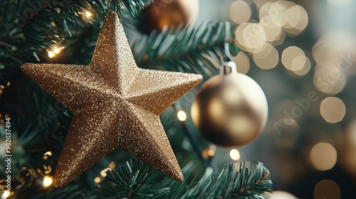 A close up of a star on the christmas tree with ornaments, AI