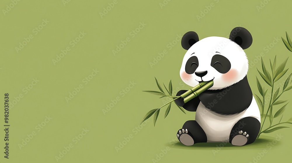 Cute cartoon panda bear eating bamboo on green background. Cute cartoon panda bear eating bamboo on green background.