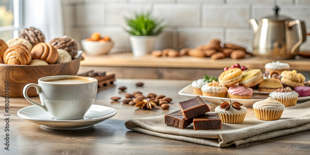 Sweets and coffee on a kitchen counter, desserts, beverages, food styling, tasty, delicious, morning routine Sweets and coffee on a kitchen counter, desserts, beverages, food styling, tasty, delicious, morning routine