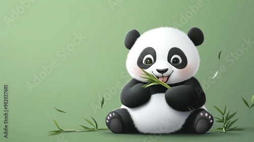 Cute cartoon panda eating bamboo on a green background.