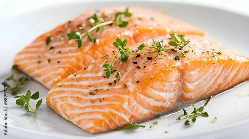 Softly poached salmon with fresh herbs on a clean white plate Softly poached salmon with fresh herbs on a clean white plate