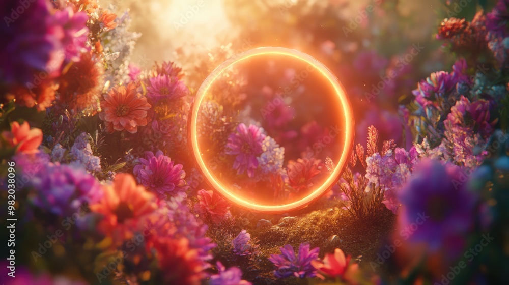 Luminous Round Frame among the flowers Abstract Natural Creative Background Mockup for natural Products Advertising Luminous Round Frame among the flowers Abstract Natural Creative Background Mockup for natural Products Advertising