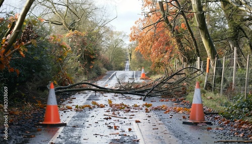 Autumn road closure due to fallen tree photo