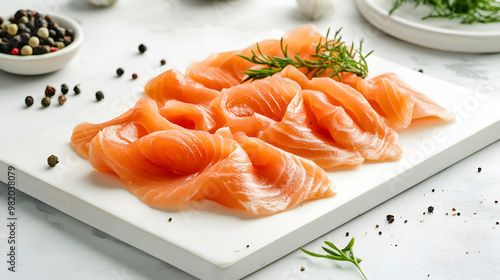 Thin slices of smoked salmon on a white cutting board