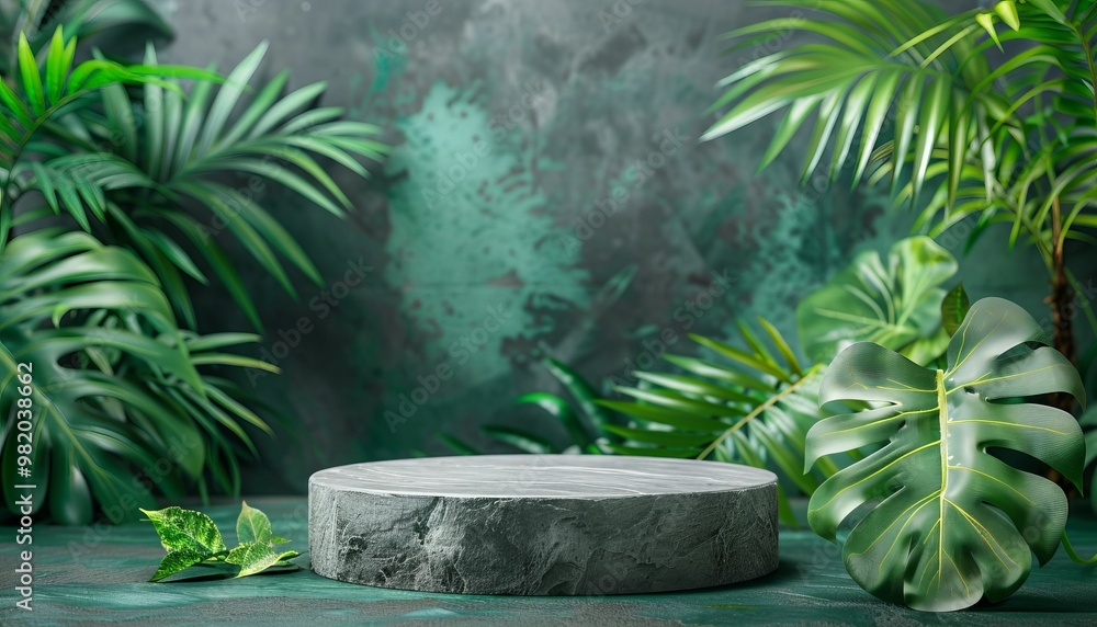 Minimalistic stone podium with lush green tropical leaves for product display Minimalistic stone podium with lush green tropical leaves for product display