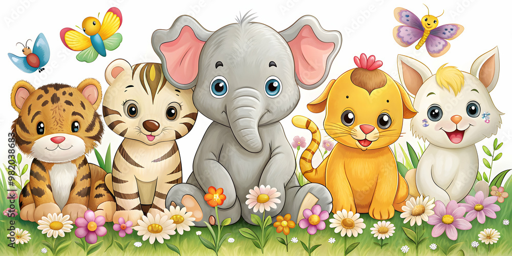 Naklejka premium Cute nursery art featuring animals like elephant, duck, cat, dog, tiger, and flower power design, nursery art, animals, elephant