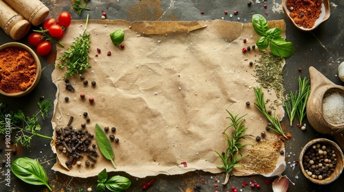 Top view of a foodie's canvas with scattered herbs and spices, on a handmade paper background, ideal for recipe blogs photo