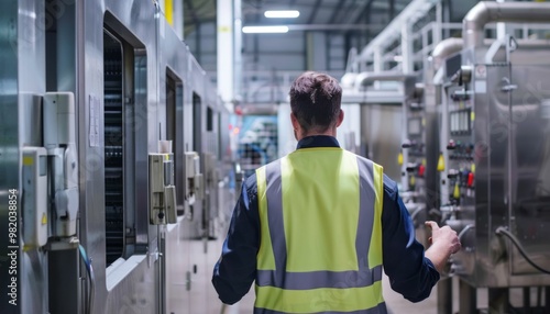 Worker in reflective vest inspects machinery in industrial factory