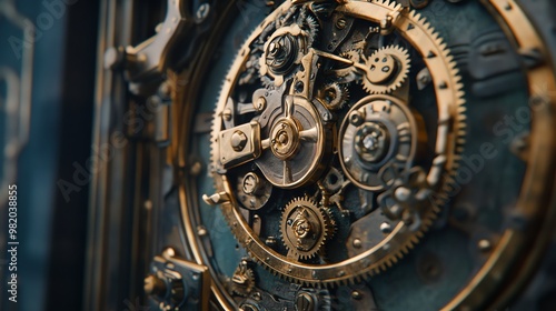 Close up of intricate clockwork with gold gears and metal components.