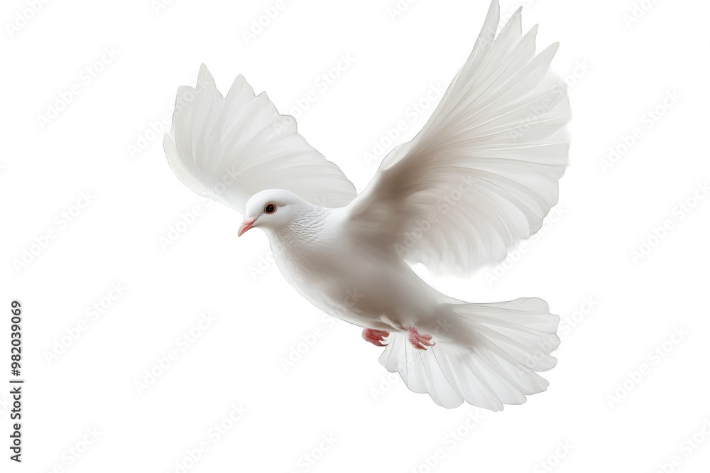 Fototapeta premium White dove flies with spread wings on transparent background