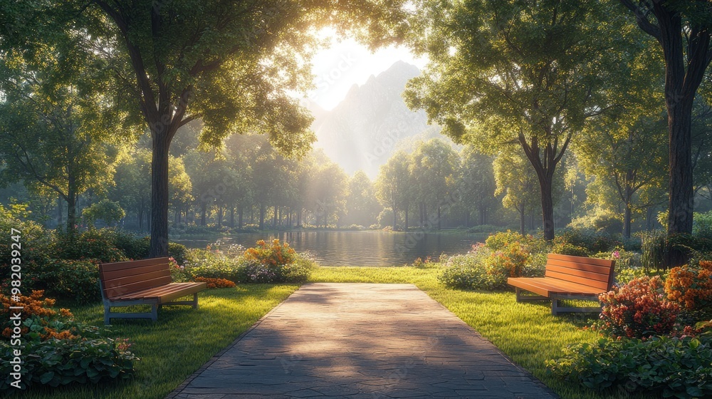 Obraz premium Serene park scene with benches and a tranquil lake at sunrise.
