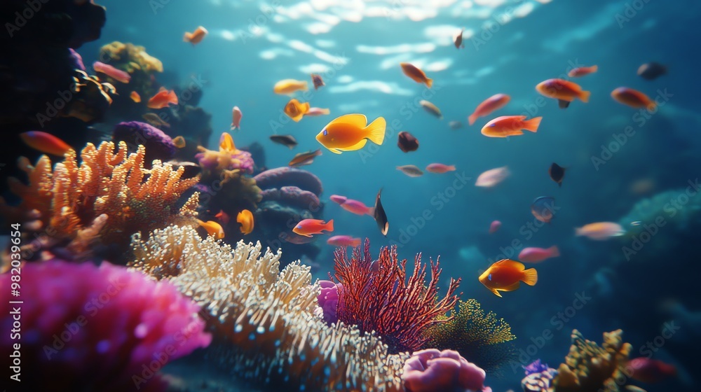 Naklejka premium Colorful fish swim over vibrant coral reefs in a tropical underwater scene.